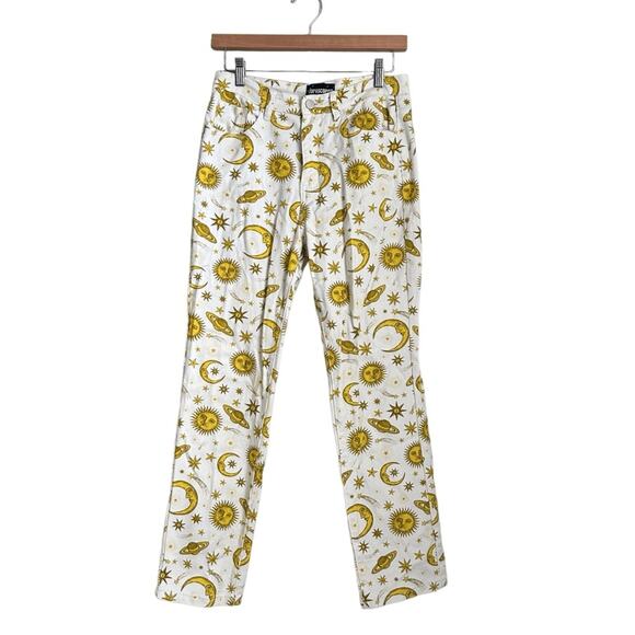 Horoscopez Dolls Kill Celestial Print Pants Sun Moon Stars White Yellow Size S - Picture 1 of 9